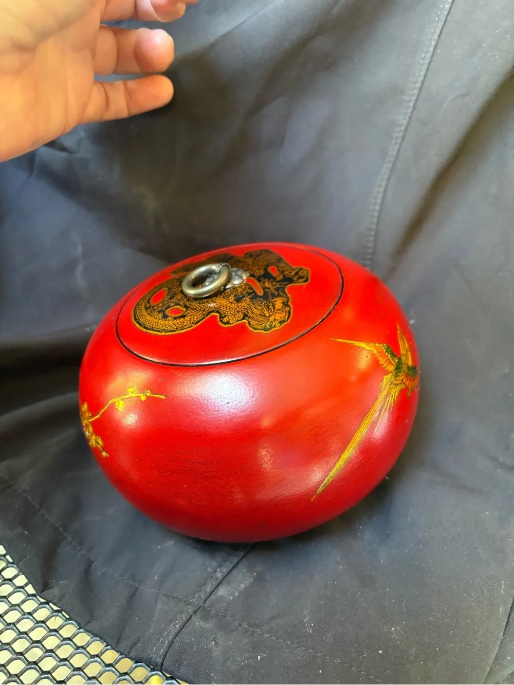 vintage Chinese red lacquered and hand-painted round wooden container